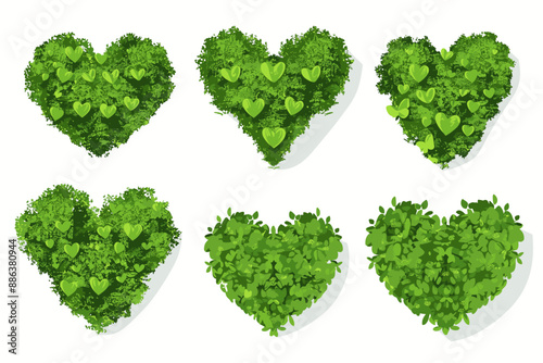 Set of decorative vector heart shaped bush illustrations on a white background. Green flat bushes on white background. Green grass vector set. Shrub bush shrubbery tree simple abstract. foliage