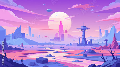 Post apocalyptic landscape with ruined city after nuclear war.