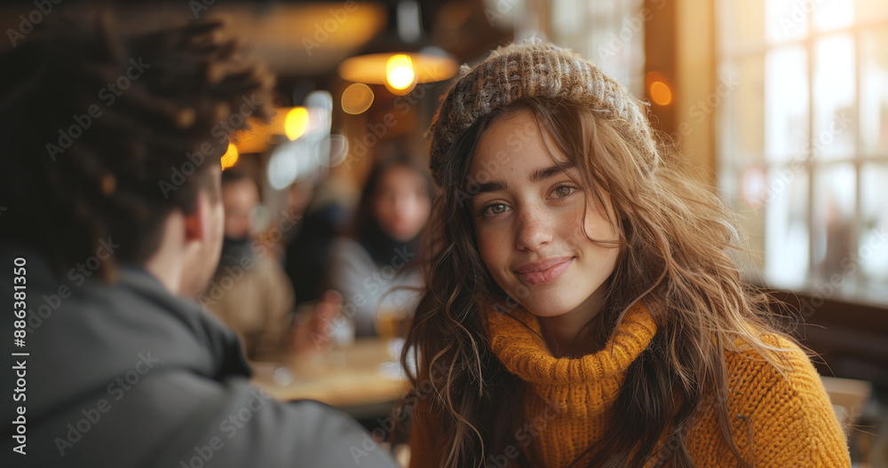 A woman in a knitted hat and sweater smiles while sitting in a cafe. A woman in a knitted hat and sweater smiles while sitting in a cafe.
