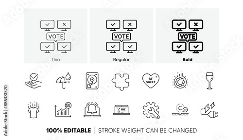 Collagen skin, Gear and Puzzle line icons. Pack of Electricity plug, Dry t-shirt, 5g statistics icon. Hdd, Wine glass, Waterproof umbrella pictogram. Customisation, Web lectures, Online voting. Vector