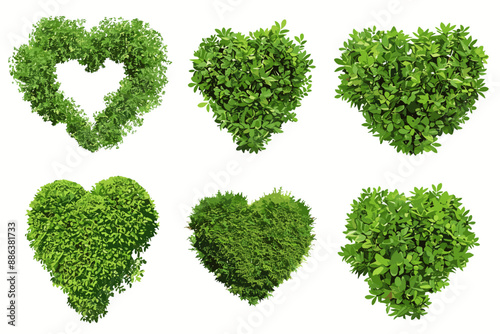 Set of decorative vector heart shaped bush illustrations on a white background. Green flat bushes on white background. Green grass vector set. Shrub bush shrubbery tree simple abstract. foliage
