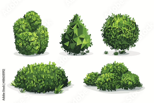 Set of decorative vector bush illustrations on a white background. Green flat bushes on white background. Green grass vector set. Shrub bush shrubbery tree simple abstract. Eco element, foliage