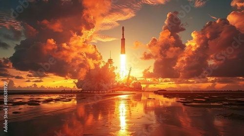 Spectacular rocket launch at sunset
