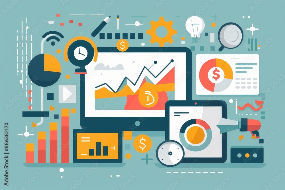 Computer displaying graphs and icons on a monitor screen, Develop a comprehensive marketing plan that integrates both traditional and digital strategies Computer displaying graphs and icons on a monitor screen, Develop a comprehensive marketing plan that integrates both traditional and digital strategies
