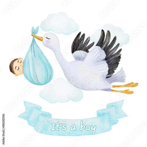 Baby shower card It's a boy with a flying stork carries a baby boy on sky background. Watercolor baby shower. Vector illustration