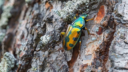 A colorful beetle crawling on a tree bark, with the textures of the bark in detail.