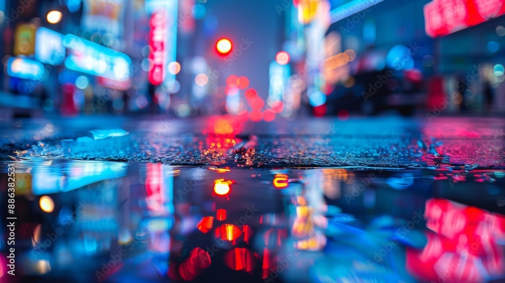Neon Lights Reflecting in Puddles on a Wet City Street at Night Neon Lights Reflecting in Puddles on a Wet City Street at Night