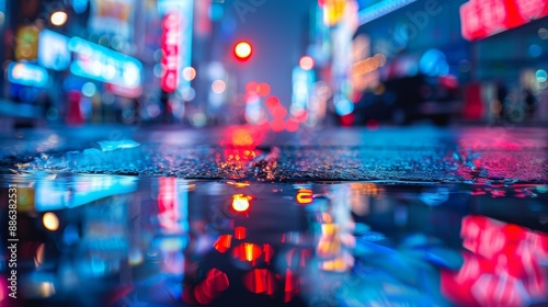 Neon Lights Reflecting in Puddles on a Wet City Street at Night