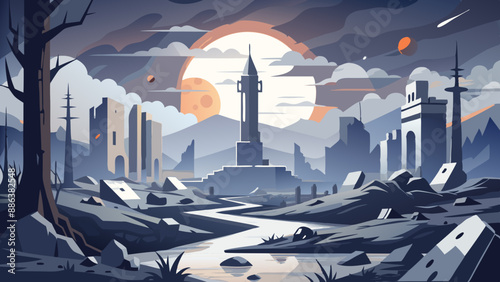 Post apocalyptic landscape with ruined city after nuclear war.