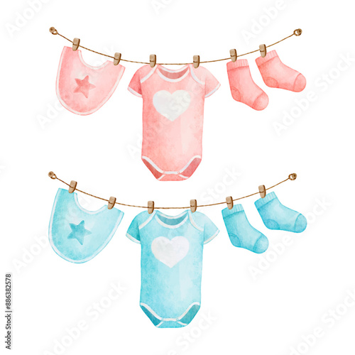 Watercolor baby boy and girl clothes on the clothesline for baby shower decoration vector