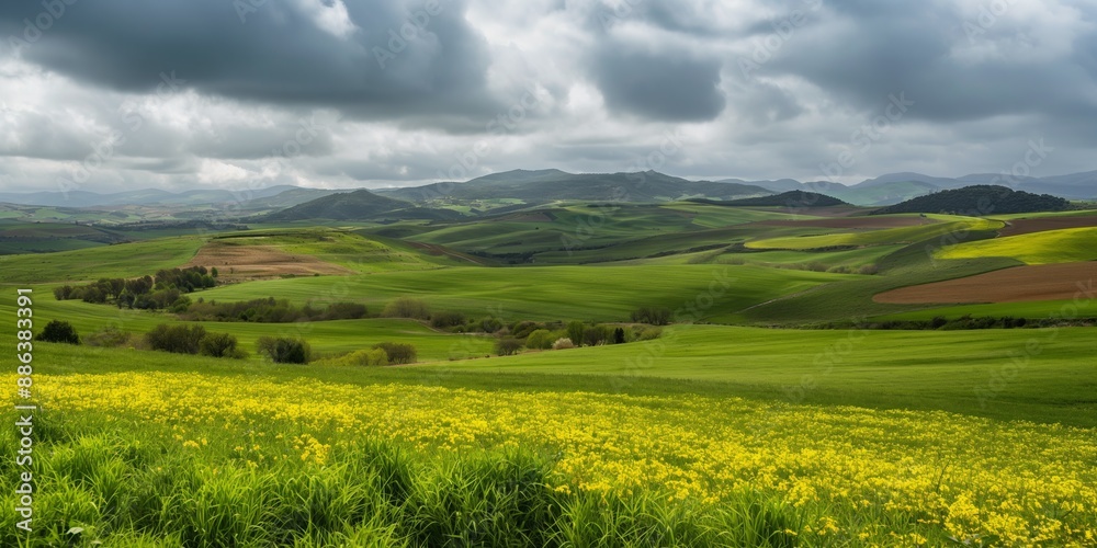 A large field of grass with a few trees in the background. The sky is cloudy and the sun is not visible A large field of grass with a few trees in the background. The sky is cloudy and the sun is not visible