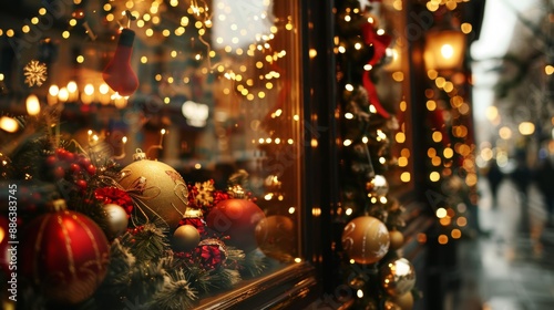 Festive Christmas Decorations Adorn a Shop Window at Night © CYBERPINK