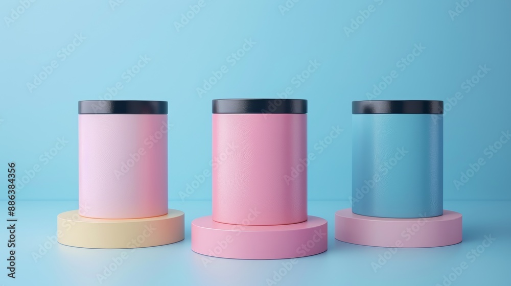 Three containers of different colors are displayed on a blue background Three containers of different colors are displayed on a blue background