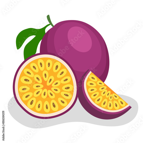 Purple Passion fruit with half pieces in flat design on white background.