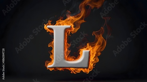 The letter L in 3D, in white color, it's on fire, there are yellow fire flames on it, it's burning, there is a lot of yellow and orange smoke around, smooth black background. photo