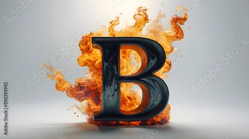 The letter B in 3D, in black color, it's on fire, there are yellow fire flames on it, it's burning, there is a lot of yellow and orange smoke around, smooth white background.