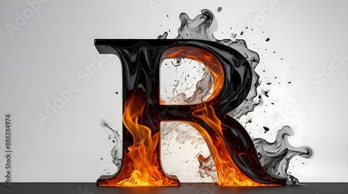 The letter R in 3D, in black color, it's on fire, there are yellow fire flames on it, it's burning, there is a lot of yellow and orange smoke around, smooth white background. photo