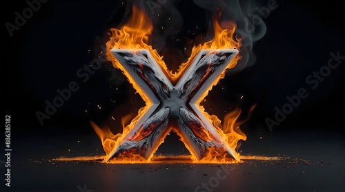 The letter X in 3D, in black color, it's on fire, there are yellow fire flames on it, it's burning, there is a lot of yellow and orange smoke around, smooth black background.