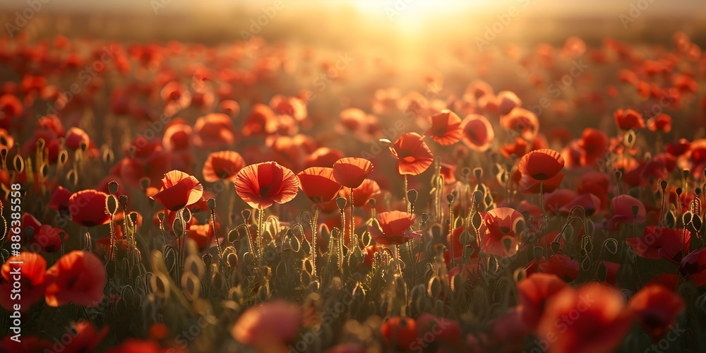 Obraz premium Poppies in the Field at Sunset. Concept Beautiful Sunset Scene, Flowers in the Field, Nature Photography, Serene Landscapes