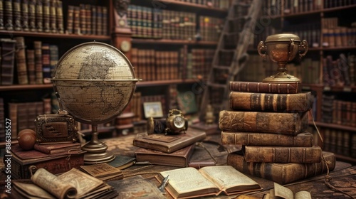 Antique Globe, Books and Trinkets in a Library Setting.