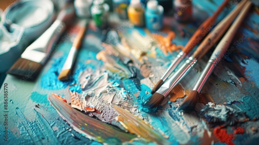 Paintbrushes on Palette with Colorful Paint. Paintbrushes on Palette with Colorful Paint.
