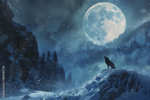 Wolf Howling at the Full Moon in a Snowy Landscape