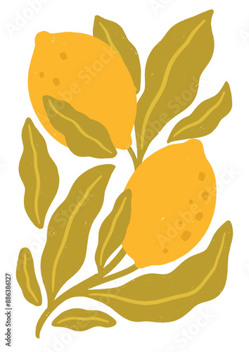Modern botany art print with lemons. Flat vector illustration isolated on white background. Summer vector design for cards, invitations, posters, banners, textile.