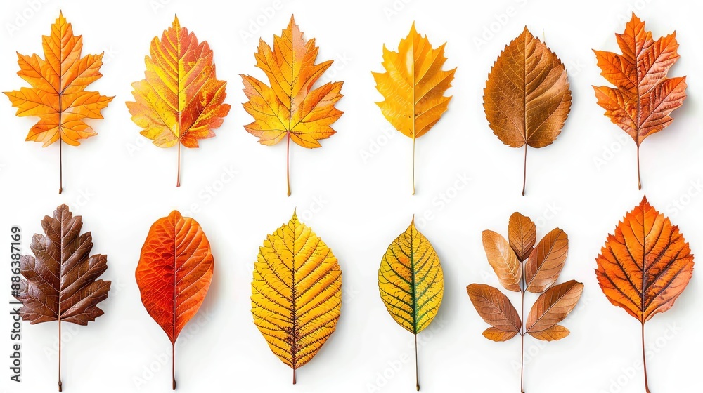 Fototapeta premium Golden autumn leaves set on solid white background
