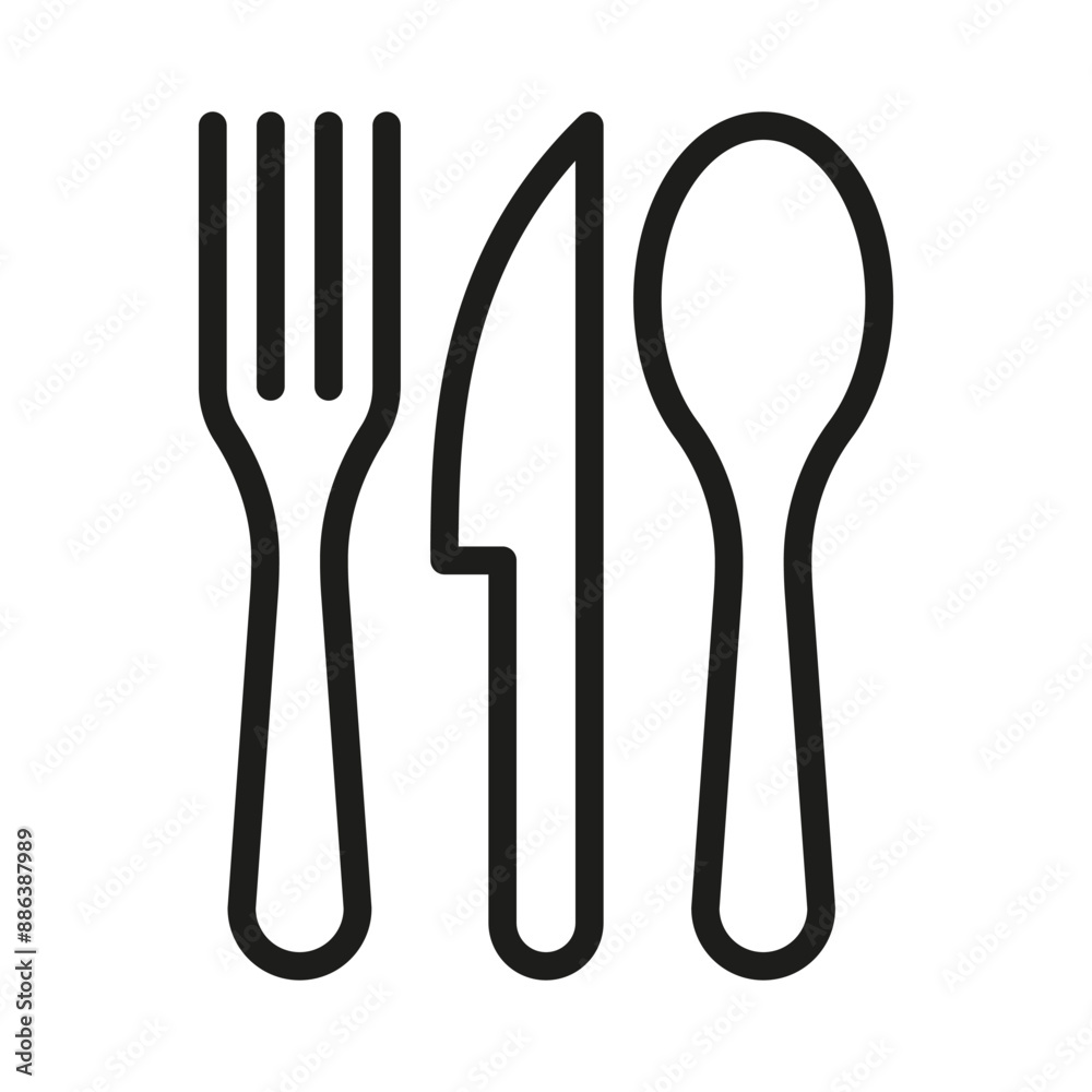 Tableware thin line icon set of fork, knife, spoon. Logotype menu. Cutlery and crockery sign. Flat style eating utensils symbol collection. Tableware thin line icon set of fork, knife, spoon. Logotype menu. Cutlery and crockery sign. Flat style eating utensils symbol collection.