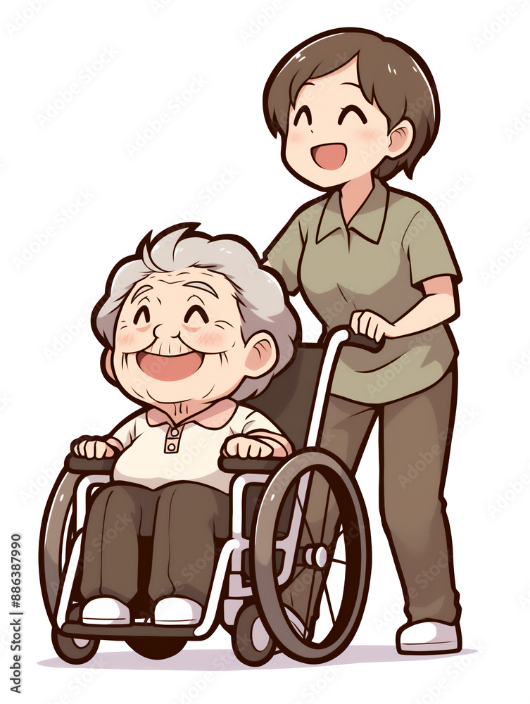 介護士の女性に車いすを押してもらう高齢女性