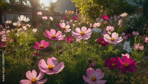 Vibrant cosmos blossoms adorning a garden sanctuar photo