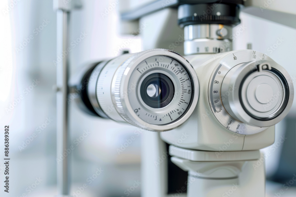 Fototapeta premium Poster with ophthalmology clinic equipment, selective focus