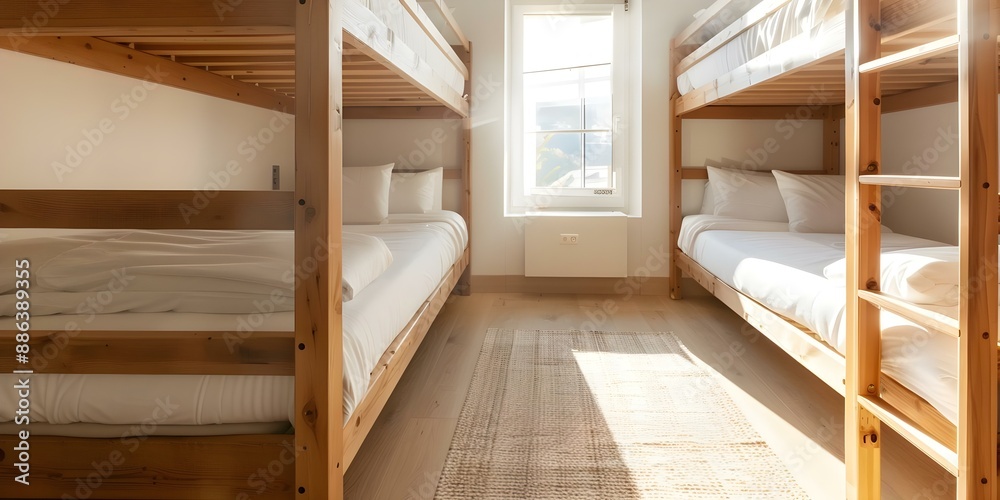 Cozy Family-Friendly Hostel Room with Bunk Beds in Warm Colors. Concept Hostel Accommodation, Family-Friendly Room, Bunk Beds, Warm Colors, Cozy Atmosphere Cozy Family-Friendly Hostel Room with Bunk Beds in Warm Colors. Concept Hostel Accommodation, Family-Friendly Room, Bunk Beds, Warm Colors, Cozy Atmosphere