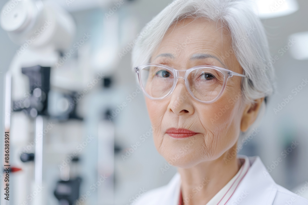 Portrait of an adult female doctor in the office against the background of vision testing equipment, advertisement for an ophthalmology clinic Portrait of an adult female doctor in the office against the background of vision testing equipment, advertisement for an ophthalmology clinic