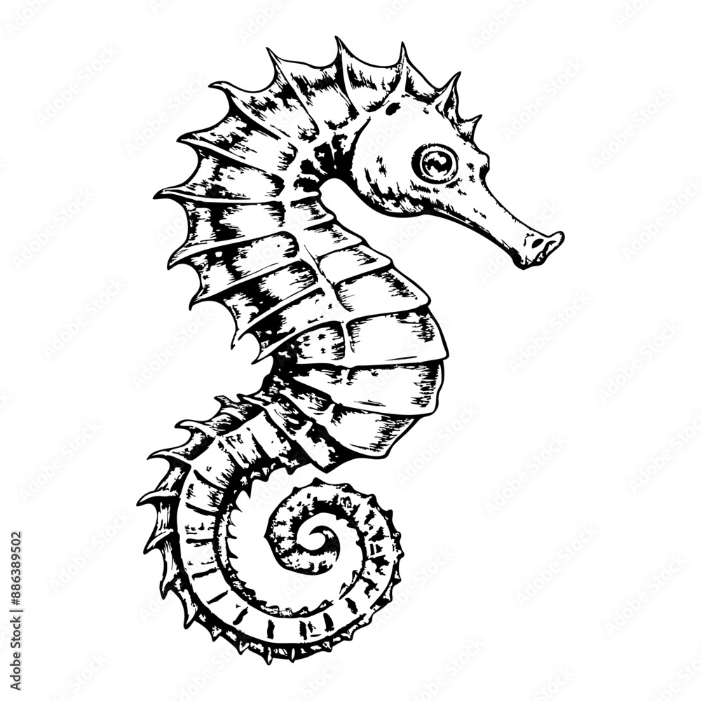 Sketch of a seahorse floating, side view, on a white background Sketch of a seahorse floating, side view, on a white background