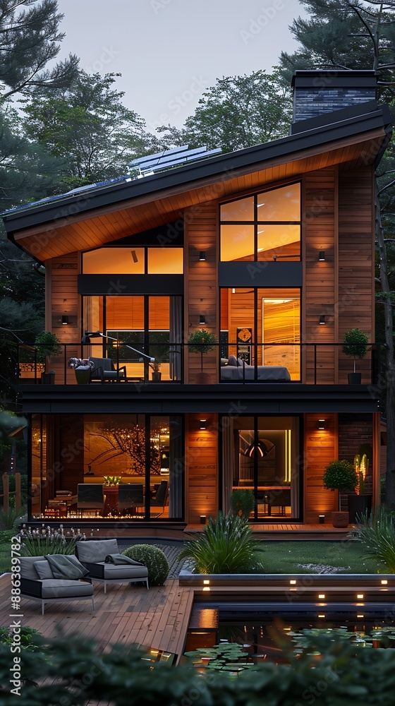 Modern house with wooden cladding and illuminated solar panels on the roof. Modern house with wooden cladding and illuminated solar panels on the roof.