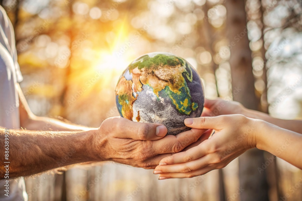 Female and male hands hold a small model of the Earth. Revival. Caring for the planet, ecological awareness and the unity of people in nature conservation. Female and male hands hold a small model of the Earth. Revival. Caring for the planet, ecological awareness and the unity of people in nature conservation.