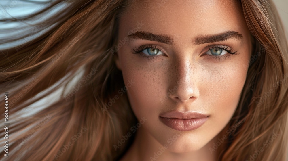 Fototapeta premium Close Up Portrait of a Woman With Long Brown Hair and Blue Eyes