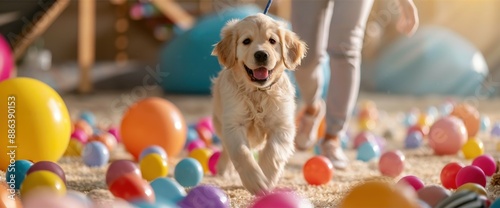 Adorable Golden Retriever Puppy Playing with Colorful Balloons Indoors on a Sunny Day