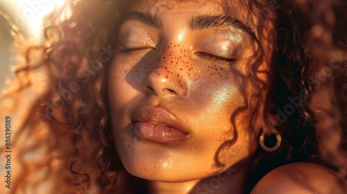 Close Up Portrait of a Young Woman With Freckles and Golden Eyes in Warm Sunlight