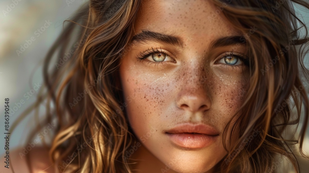 Close Up Portrait of Woman With Freckles and Wavy Brown Hair
