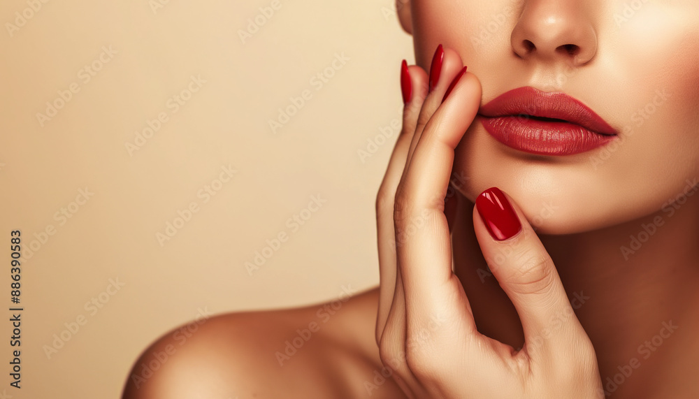 Fototapeta premium Glamorous Close-Up of a Woman's Red Lips and Nails Highlighting Elegance and Beauty in Soft Lighting