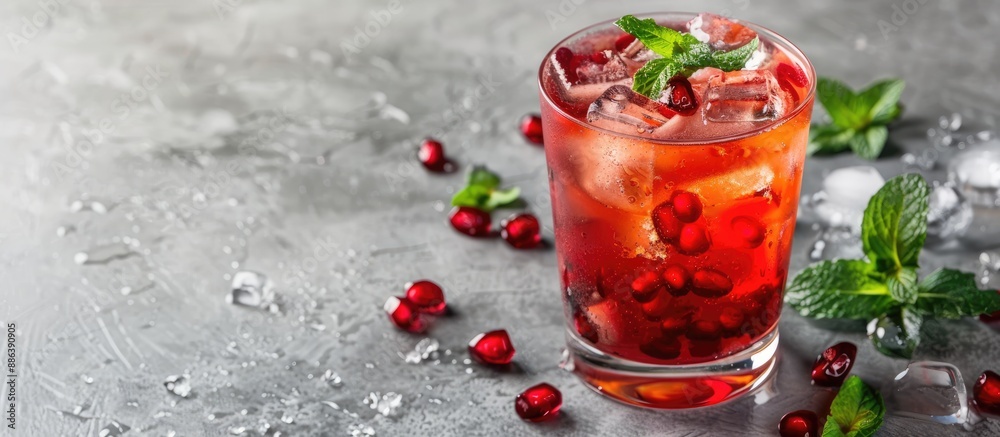 Holiday punch in a glass with ice, mint, and a gray concrete stone background, ready for a copy space image. Holiday punch in a glass with ice, mint, and a gray concrete stone background, ready for a copy space image.