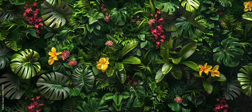 Lush Tropical Green Wall with Flowers Lush Tropical Green Wall with Flowers
