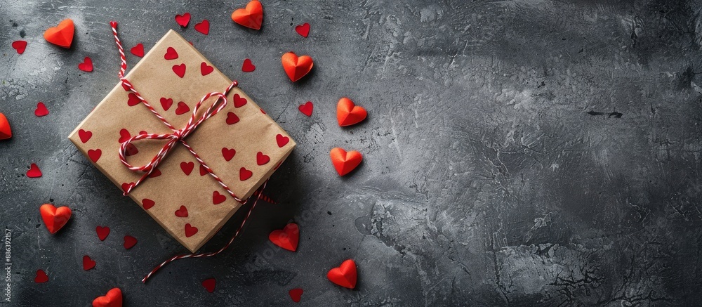 View a paper-made Valentine or holiday gift box decorated with red hearts and presented on a grey cement table, featuring copy space for design, in a top-down perspective.