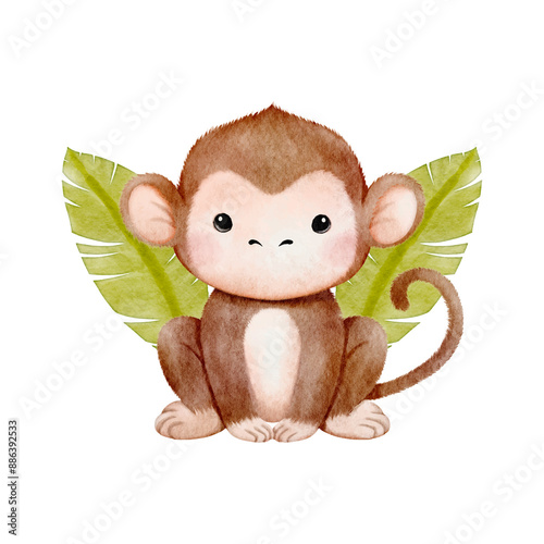 Photography Watercolor baby Monkey sitting in leaf wreath