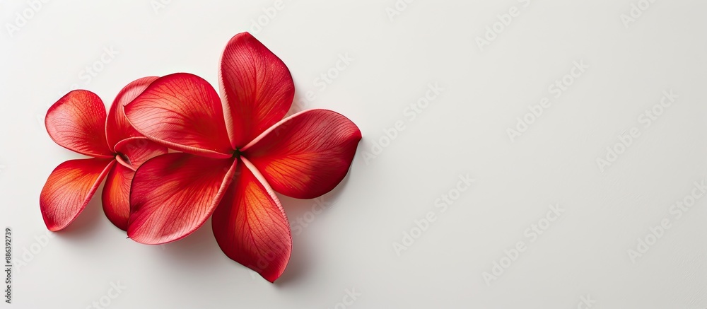 Isolated red frangipani flower on a white backdrop with copy space image. Isolated red frangipani flower on a white backdrop with copy space image.