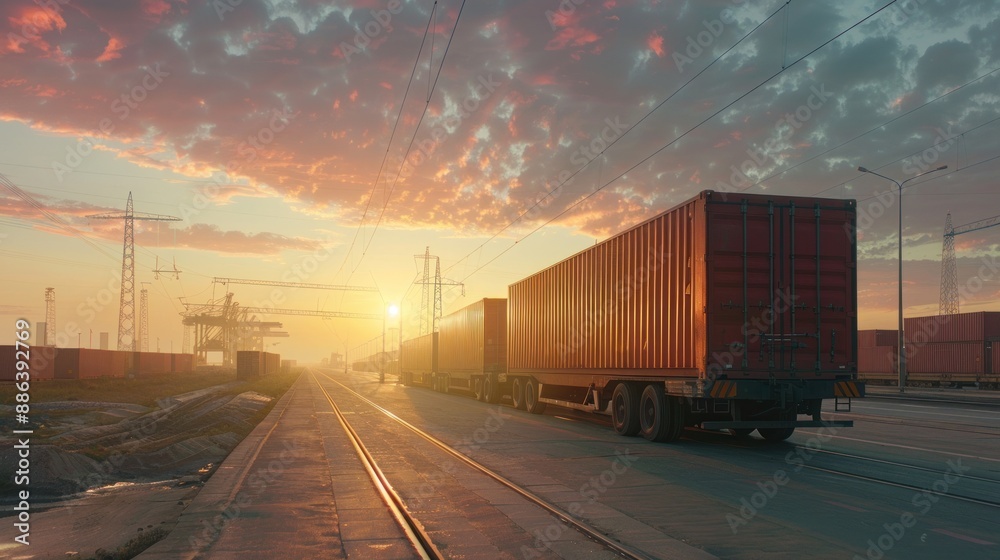 Cargo Train at Sunset on the Docks Cargo Train at Sunset on the Docks