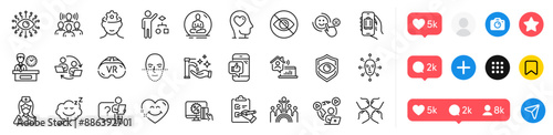 Eye detect, Vr and Search employee line icons pack. Social media icons. Washing hands, Mental health, Artificial intelligence web icon. Not looking, Squad, Brain working pictogram. Vector