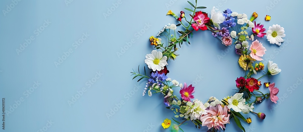 Wreath made of flowers displayed on a bright backdrop with copy space image. Wreath made of flowers displayed on a bright backdrop with copy space image.